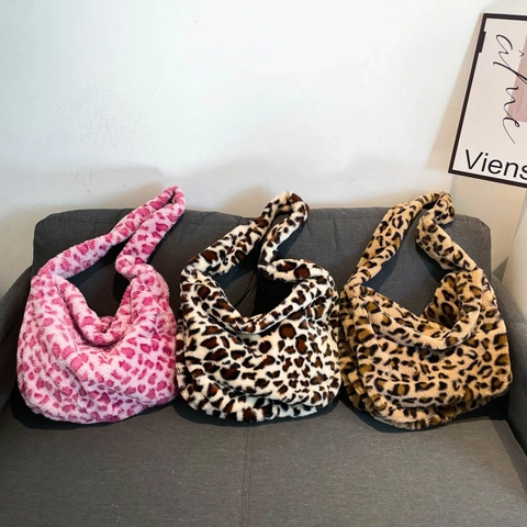 Women Leopard Print Plush Tote Bag Large Capacity Faux Fur Shoulder Bag Vintage Hobo Handbag Autumn Winter Fashion Casual Purse