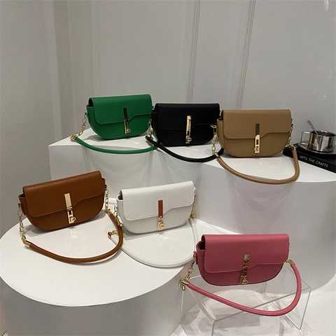 Women Litchi Texture PU Leather Saddle Bag Minimalist Metal Clasp Chain Shoulder Bag Versatile Underarm Bag Trendy Purse