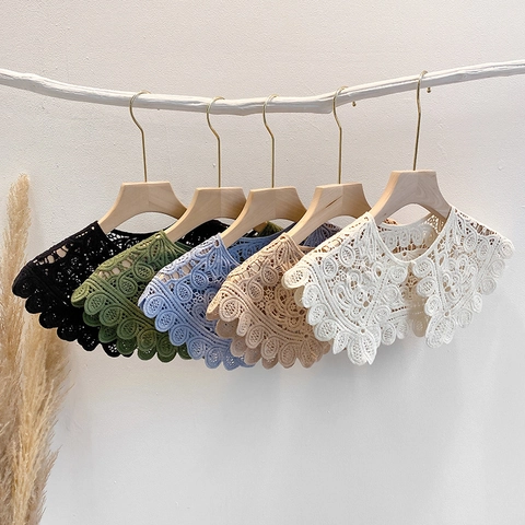 Vintage Hollow Out Crochet Lace Shawl Floral Embroidery Detachable Collar With Artificial Pearl Button Elegant Wrap For Women