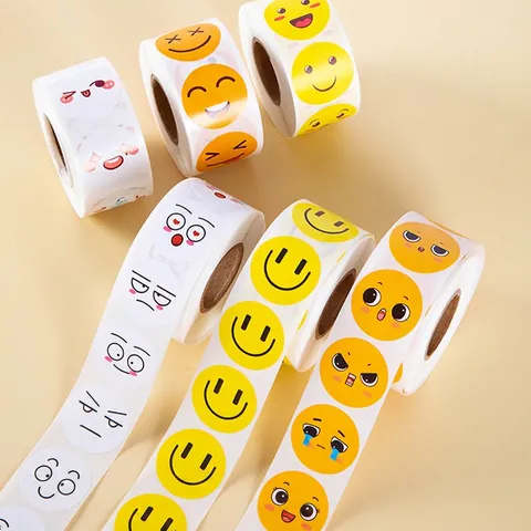 Emoji Reward Stickers Waterproof Round Cartoon Smile Face Flower Adhesive Labels For Kids Classroom Teacher Students