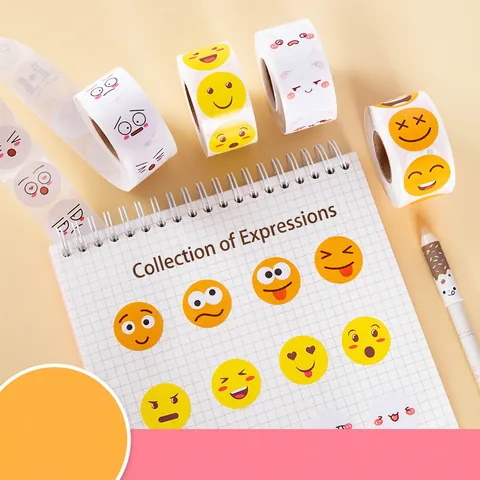 Emoji Reward Stickers Waterproof Round Cartoon Smile Face Flower Adhesive Labels For Kids Classroom Teacher Students