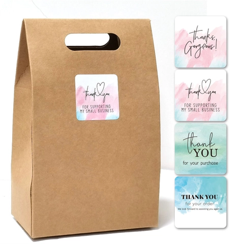 Watercolor Thank You Stickers For Small Business Support Square Coated Paper Self-Adhesive Seal Labels For Gift Packing Orders Appreciation Decoration