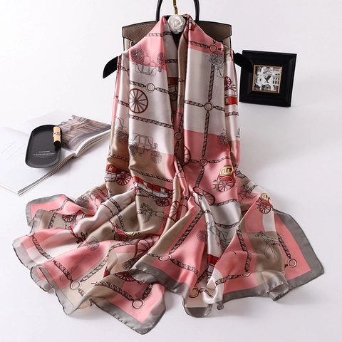 Sciarpa Con Stampa Carrozza Vintage Scialle Elegante In Raso Effetto Raso Avvolgente Grande Retro Per Donna Accessorio Moda Classico