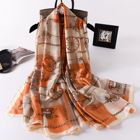 Sciarpa Con Stampa Carrozza Vintage Scialle Elegante In Raso Effetto Raso Avvolgente Grande Retro Per Donna Accessorio Moda Classico