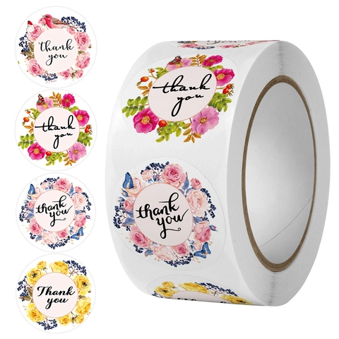 Rotolo Adesivi Thank You Floreali Tondi Etichette Autoadesive Per Matrimonio Busta Sigillo Confezione Regalo