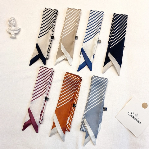 Striped Skinny Scarf French Style Faux Satin Narrow Long Twilly For Hair Bags Neck Elegant Accessory Women