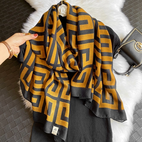 Geometric Pattern Scarf For Women Cotton Linen Feel Warm Shawl Wrap Vintage Greek Key Design Winter Accessories