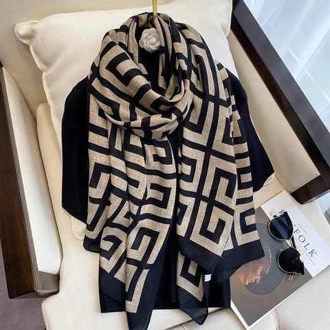 Geometric Pattern Scarf For Women Cotton Linen Feel Warm Shawl Wrap Vintage Greek Key Design Winter Accessories