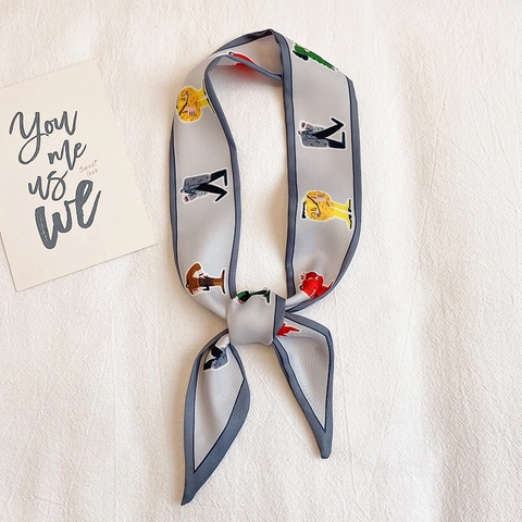 Fashion Skinny Scarf Polyester Imitation Satin Abstract Print Long Narrow Hair Band Bag Ribbon For Women Elegant Neck Tie