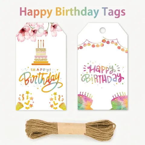 Happy Birthday Gift Tags With Hemp Rope Paper Hanging Labels For Party Favor Wrapping Decoration Colorful Cake Floral Design