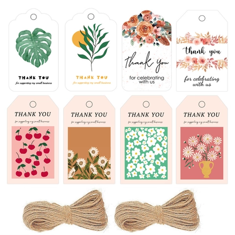 Thank You Gift Tags Floral Fruit Pattern Paper Hang Tags With Hemp Rope For Small Business Packaging Wedding Party Decor