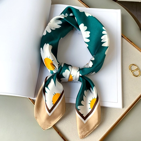 Fashion Square Scarf Satin Satin Like Polyester Floral Daisy Houndstooth Print Neck Scarf Headband For Women Elegant