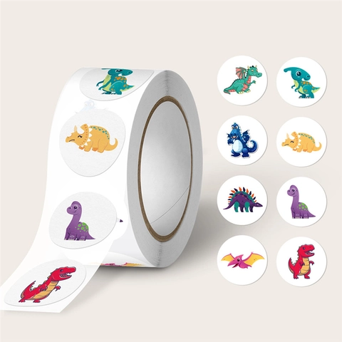 Cartoon Dinosaur Stickers Circular Self Adhesive Labels Multiple Patterns For Kids Students Rewards Gift Packaging Scrapbooking Decoration