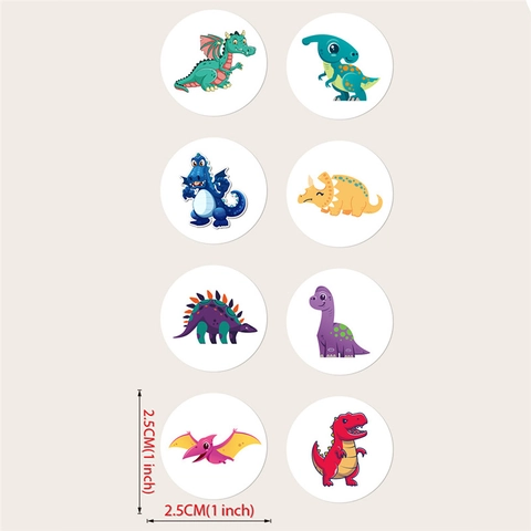 Cartoon Dinosaur Stickers Circular Self Adhesive Labels Multiple Patterns For Kids Students Rewards Gift Packaging Scrapbooking Decoration