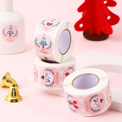 Pegatinas De Navidad Redondas Dibujos Animados Muñeco De Nieve Papá Noel Etiquetas Autoadhesivas Rollo Para Envoltura Regalos