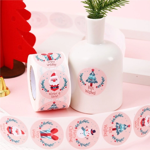 Pegatinas De Navidad Redondas Dibujos Animados Muñeco De Nieve Papá Noel Etiquetas Autoadhesivas Rollo Para Envoltura Regalos