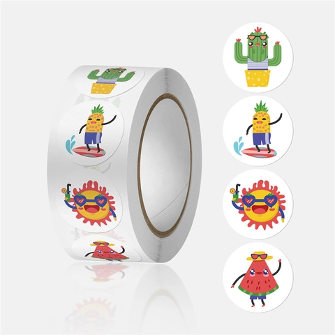 Autocollants De Fruits En Dessin Animé Rond Étiquettes Adhésives Thème Été Ananas Pastèque Cactus Pour Décoration De Scrapbooking