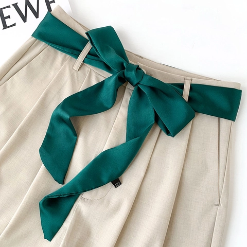 Women Satin Skinny Scarf Long Narrow Hair Band Bag Wrap Solid Color Silk Feeling Sunscreen Neck Scarf Summer Fashion Accessory