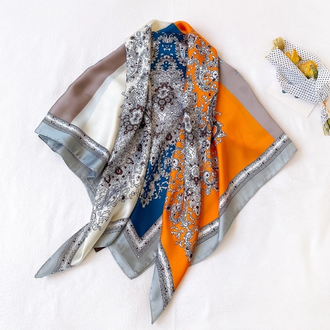 Large Square Scarf Women Simulated Satin Satin Paisley Pattern Color Block Sunshade Elegant Headwrap Neck Scarf