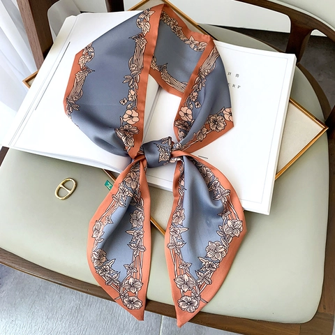 Women Skinny Scarf Faux Satin Floral Print Long Narrow Neckerchief Ribbon For Bag Handle Hair Decor Elegant