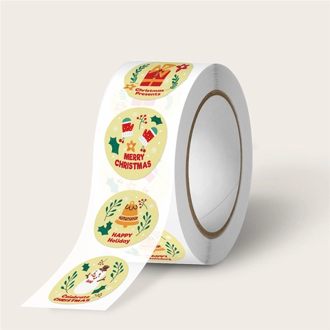 Frohe Weihnachten Runde Aufkleber Selbstklebende Etiketten Feiertag Geschenkversiegelung Dekorative Schneemann Glocke Muster Papier