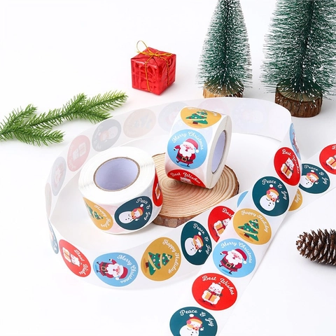 Round Christmas Stickers Roll Adhesive Sealing Labels Santa Claus Snowman Pattern For Holiday Gift Box Wrapping Decor