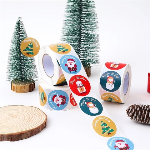 Round Christmas Stickers Roll Adhesive Sealing Labels Santa Claus Snowman Pattern For Holiday Gift Box Wrapping Decor