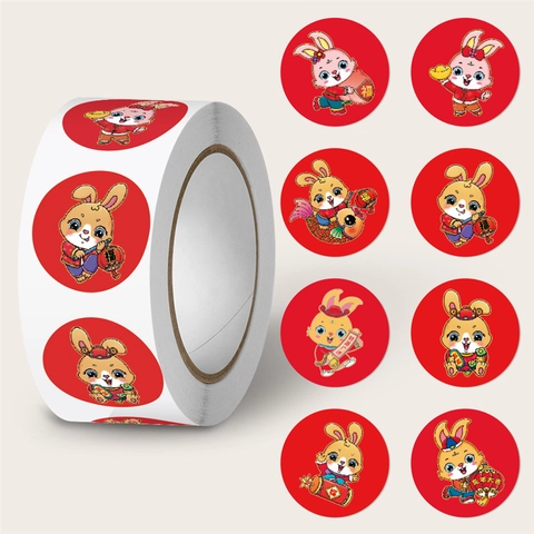 Pegatinas De Conejo De Año Nuevo Chino Etiquetas Redondas Adhesivas Para Embalaje De Regalos De Fiesta De Primavera Rojo Oro