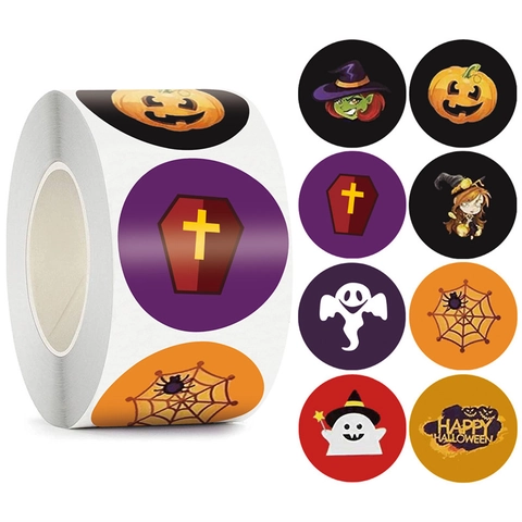 Autocollants D'halloween En Rouleau Étiquettes Adhésives Rondes Dessin Animé Citrouille Fantôme Sorcière Décoration Cadeau Fête