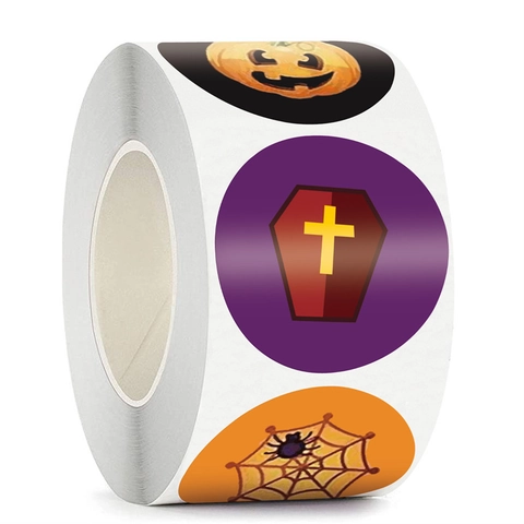 Autocollants D'halloween En Rouleau Étiquettes Adhésives Rondes Dessin Animé Citrouille Fantôme Sorcière Décoration Cadeau Fête