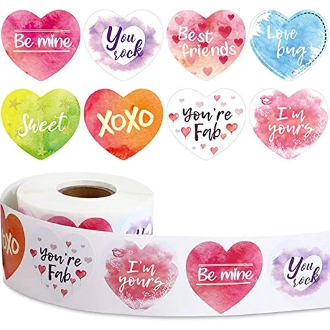 Valentine's Day Heart Stickers Self Adhesive Decorative Gift Labels Roll Holographic Watercolor Patterns Romantic Craft Supplies