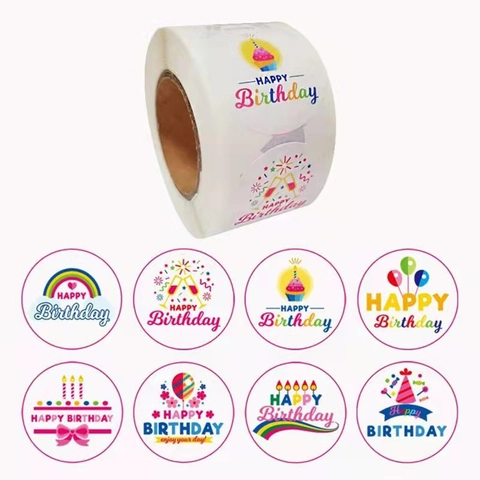 Happy Birthday Stickers Round Labels Colorful Rainbow Balloon Cake Pattern Decoration For Gift Bags Envelopes Party Favors