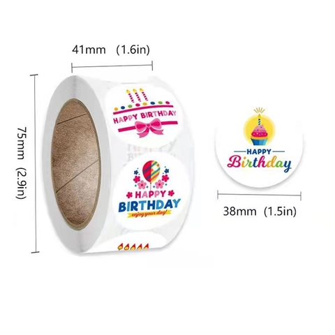 Happy Birthday Stickers Round Labels Colorful Rainbow Balloon Cake Pattern Decoration For Gift Bags Envelopes Party Favors