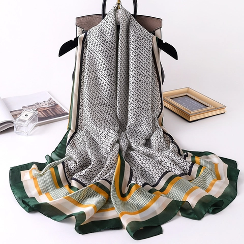 Grande Sciarpa Scialle Raso Artificiale Stampa Geometrica Bordo A Contrasto Elegante Copricostume Da Spiaggia Donna