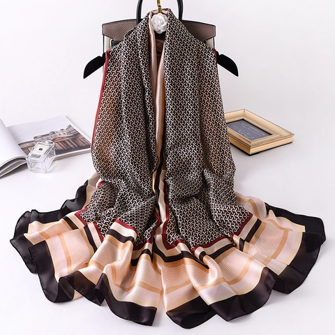 Grande Sciarpa Scialle Raso Artificiale Stampa Geometrica Bordo A Contrasto Elegante Copricostume Da Spiaggia Donna