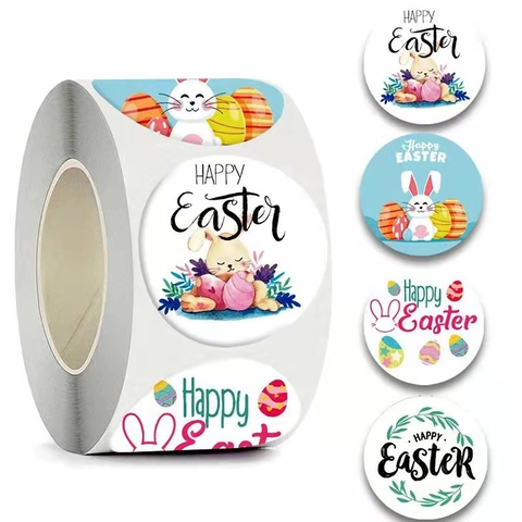 Happy Easter Round Stickers Roll Bunny Colorful Eggs Patterns Adhesive Labels For Gift Wrapping Holiday Party Decoration