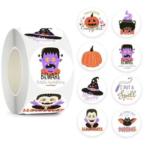Autocollants Halloween En Rouleau Rond Papier Couché Auto-Adhésif Motifs Citrouille Chauve-Souris Fantôme Décoration Cadeau Sceaux Fête