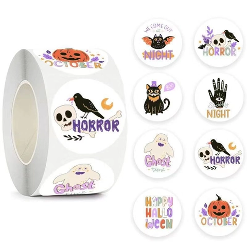 Autocollants Halloween En Rouleau Rond Papier Couché Auto-Adhésif Motifs Citrouille Chauve-Souris Fantôme Décoration Cadeau Sceaux Fête
