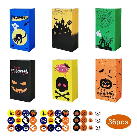 Bolsas De Dulces De Halloween Bolsas De Regalo De Papel Con Pegatinas Para Recuerdos De Fiesta Patrón Calabaza Fantasma