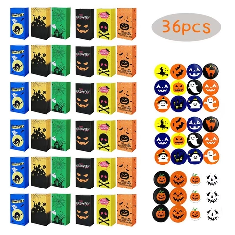 Halloween Party Gift Paper Bags And Stickers Pumpkin Ghost Bat Patterns Trick Or Treat Holiday Favor Packaging