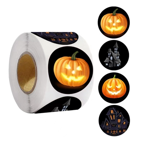 Halloween Pumpkin Castle Round Roll Stickers Adhesive Labels For Party Favor Gift Envelope Seal Decor Copperplate Paper