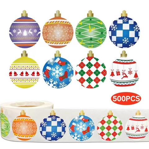 Autocollants De Noël Étiquettes Adhésives Rondes Design De Boule Festive Motif Renne Flocon De Neige Décoration De Cadeau