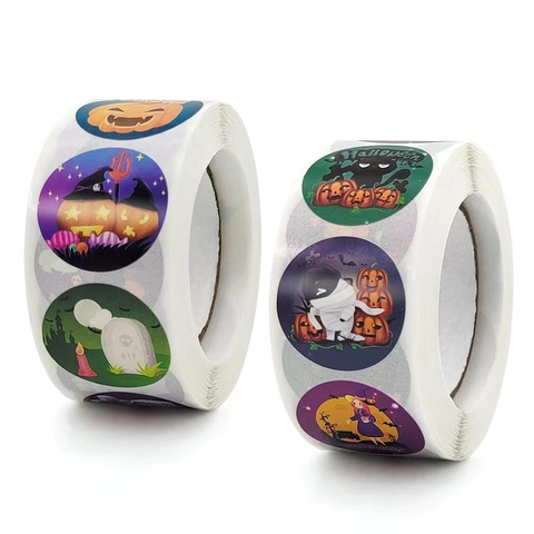 Halloween Decorative Stickers Round Adhesive Labels For Gift Bag Sealing Party Favors Cartoon Pumpkin Ghost Design