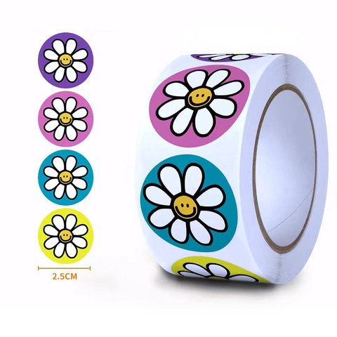 Daisy Smiley Face Decorative Stickers Roll Colorful Flower Labels For Scrapbooking Journaling Envelope Sealing Stationery