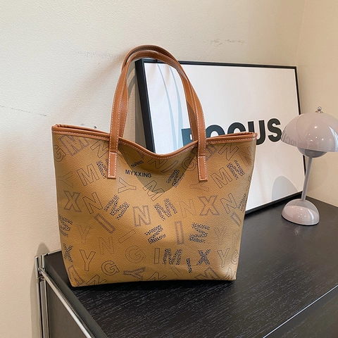 Bolso Tote Grande Para Mujer Cuero PU Impresión Letras Moda Conmututer Bolso De Hombro Casual De Mano