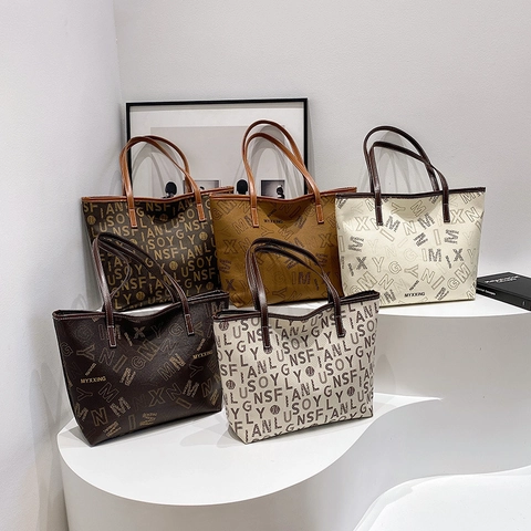 Borsa Tote Grande Da Donna In Pelle PU Stampa Lettere Moda Pendolare Borsa A Spalla Casual A Mano