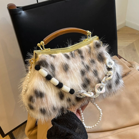 Dames Imitatiebont Luipaardprint Crossbodytas Vintage Schelp Handtas Met Kunstparel Acryl Ketting Schouderband Avondtas