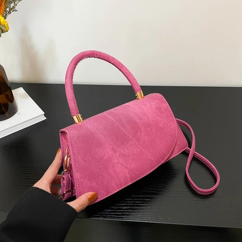Chic Women Crossbody Bag PU Leather Suede Texture Asymmetric Flap Round Handle Fashion Handbag Commute Minimalist Square Bag