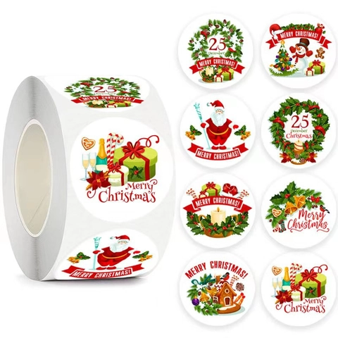 Autocollants de Noël en Rouleau Ronds Kraft Auto-adhésifs Étiquettes de Fête pour Boîte Cadeau Scellage d'Enveloppe