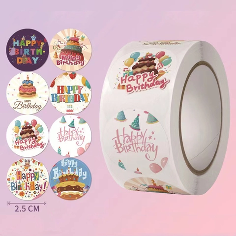 Happy Birthday Aufkleber Runde Geschenkverpackungsetiketten Umschlagversiegelungen Bunte Kuchen Ballon Muster Party Deko Etiketten